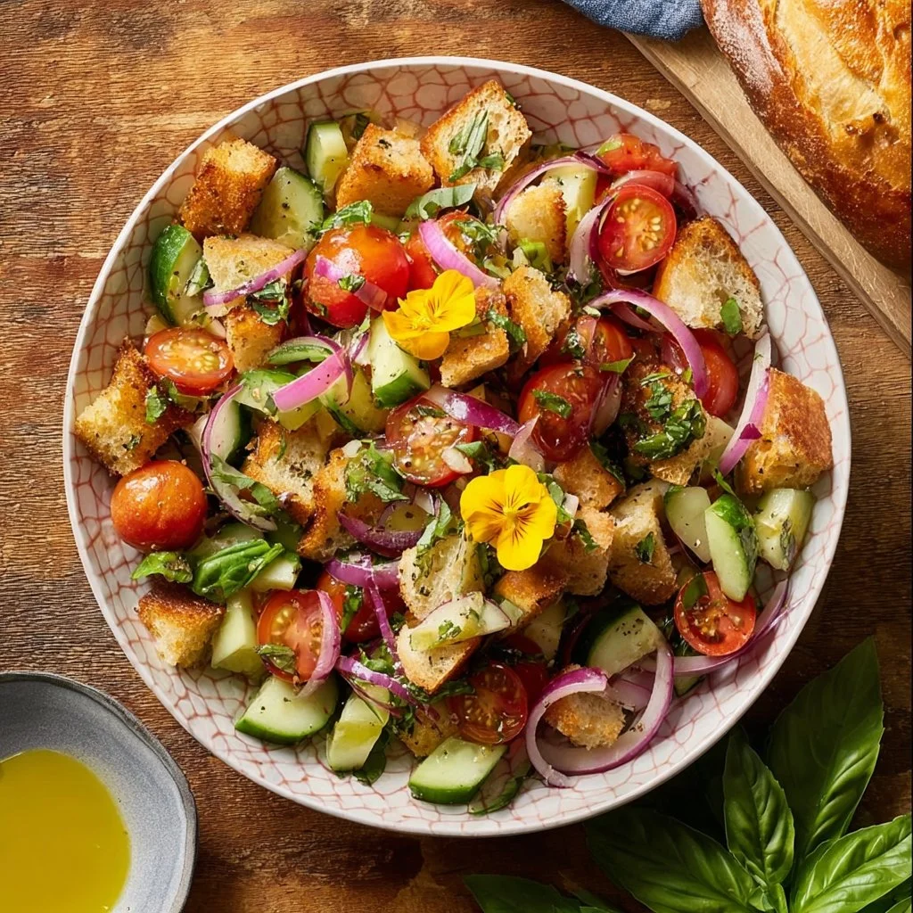 Insalata Panzenella con pane, pomodori e basilico fresco