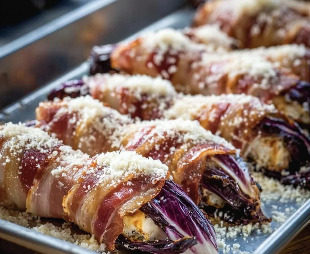 Involtini di radicchio di Treviso e pancetta gratinati appena usciti dal forno.