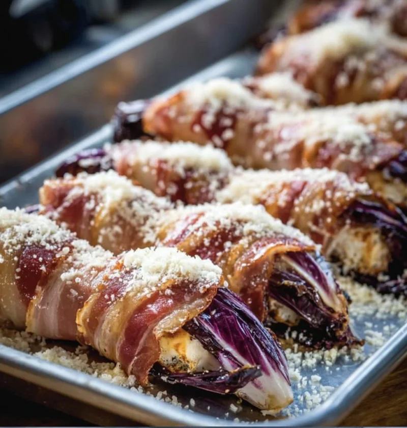 Involtini di radicchio di Treviso e pancetta gratinati appena usciti dal forno.