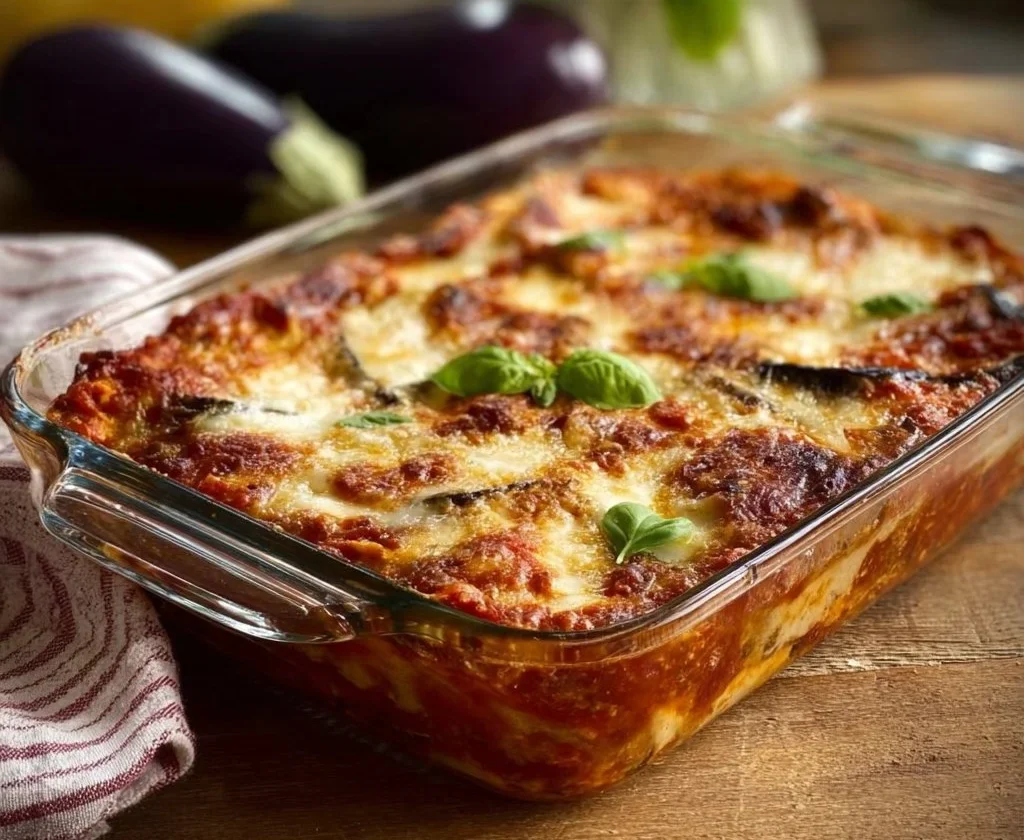 Melanzane alla Parmigiana appena sfornate con mozzarella e pomodoro