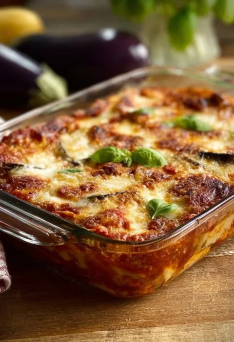 Melanzane alla Parmigiana appena sfornate con mozzarella e pomodoro
