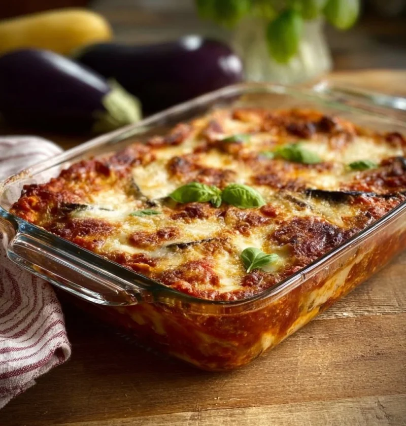 Melanzane alla Parmigiana appena sfornate con mozzarella e pomodoro