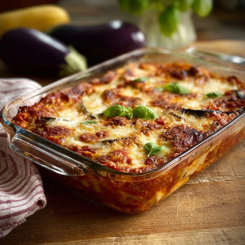 Melanzane alla Parmigiana appena sfornate con mozzarella e pomodoro