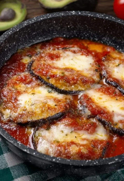 Melanzane alla Pizzaiola servite in un piatto decorativo con pomodoro e spezie