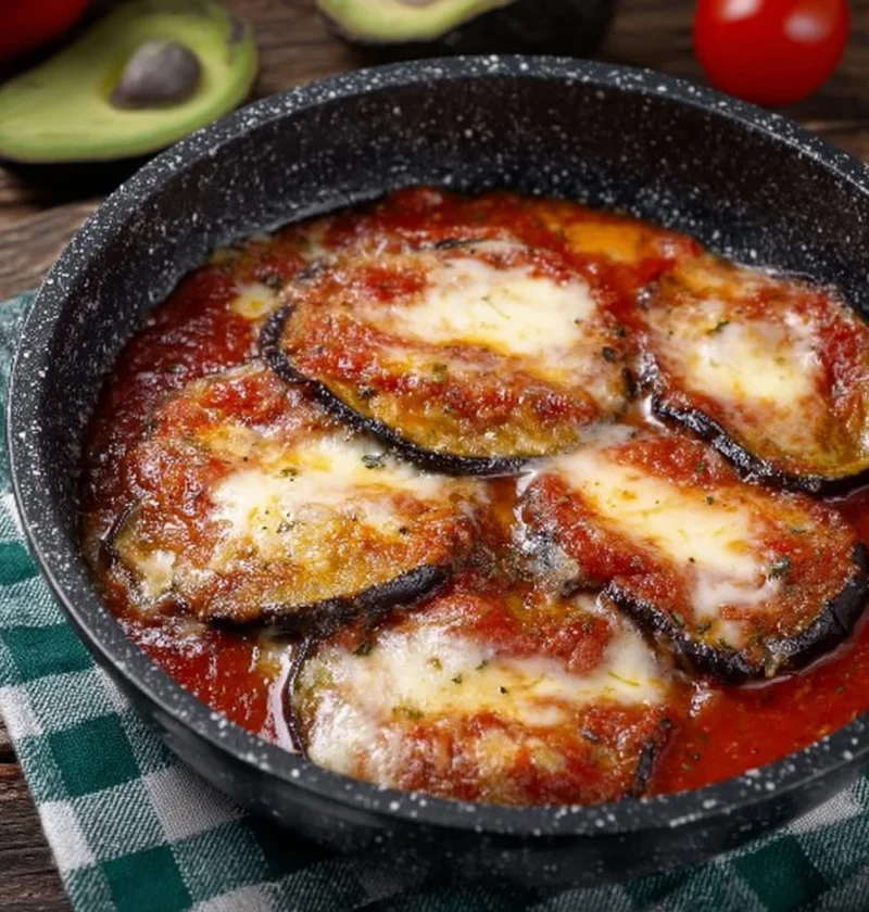 Melanzane alla Pizzaiola servite in un piatto decorativo con pomodoro e spezie