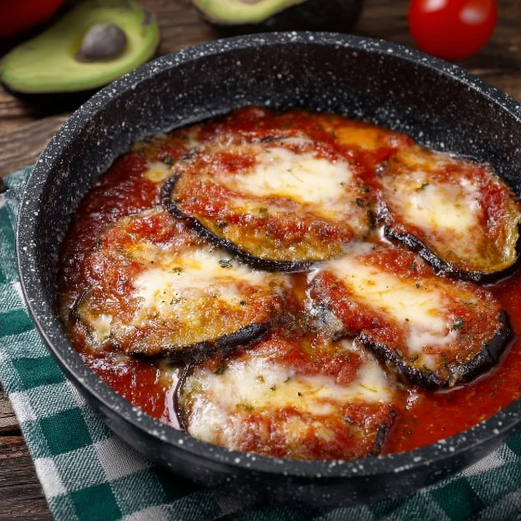 Melanzane alla Pizzaiola servite in un piatto decorativo con pomodoro e spezie