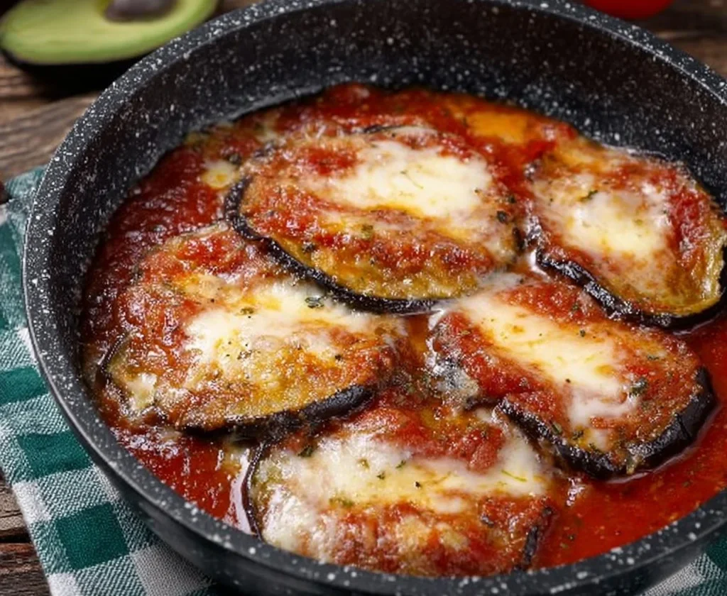 Piatto di Melanzane alla Pizzaiola con salsa di pomodoro e spezie.