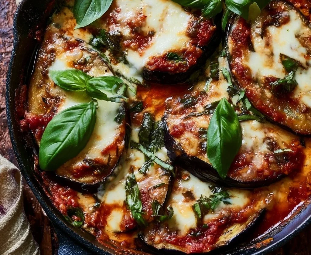 Piatto di Melanzane alla Pizzaiola con pomodoro e spezie.