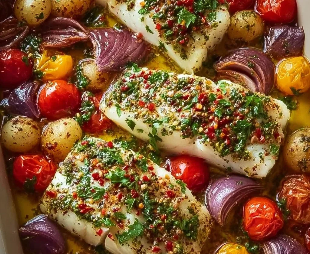 Merluzzo al forno con pomodori e patate, piatto gustoso e sano