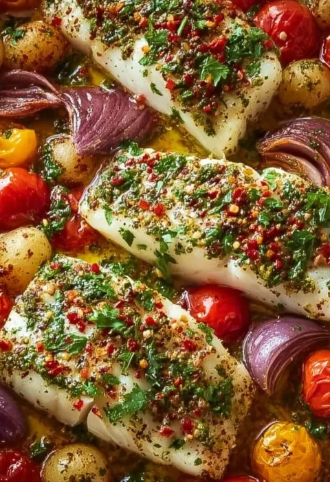 Merluzzo al forno con pomodori e patate, piatto gustoso e sano