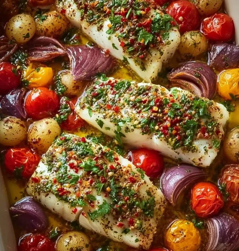Merluzzo al forno con pomodori e patate, piatto gustoso e sano