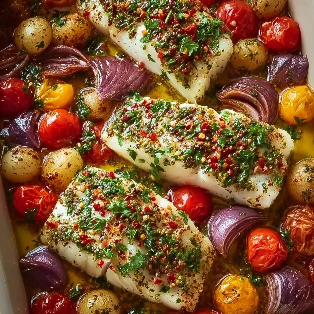 Merluzzo al forno con pomodori e patate, piatto gustoso e sano