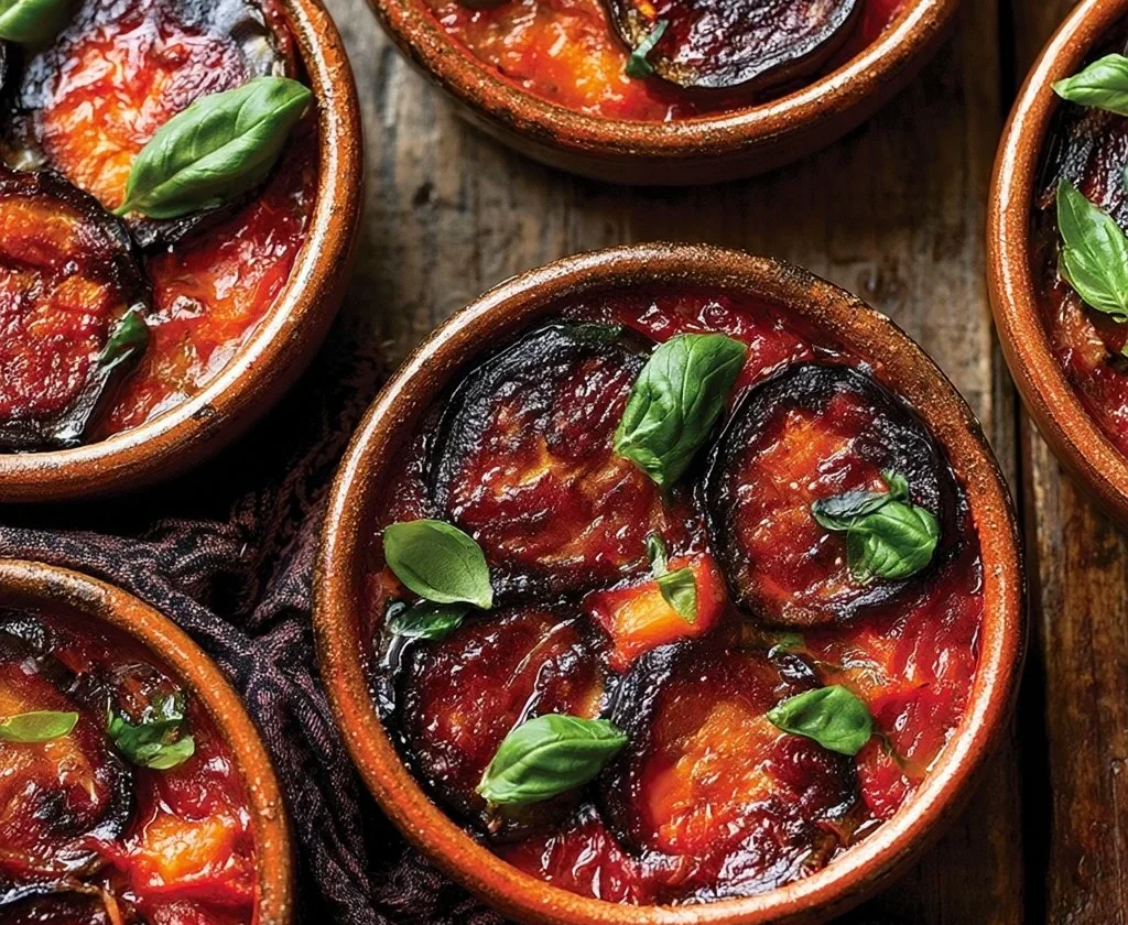Mini parmigiane di melanzane con salsa di pomodoro e formaggio.