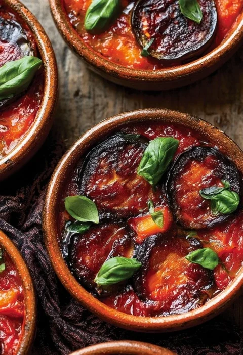 Mini parmigiane di melanzane con salsa di pomodoro e formaggio.