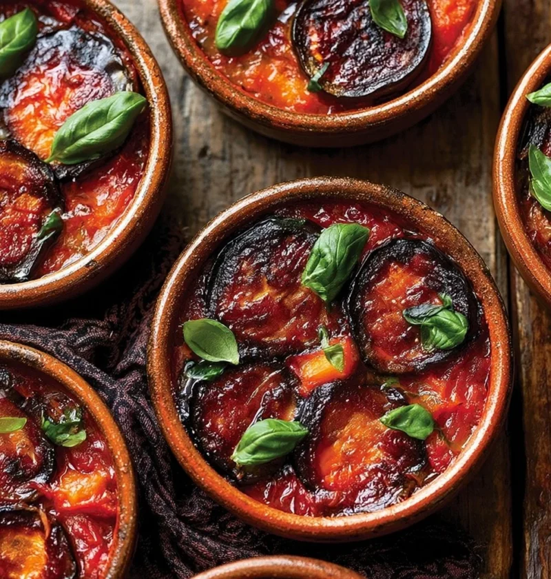 Mini parmigiane di melanzane con salsa di pomodoro e formaggio.