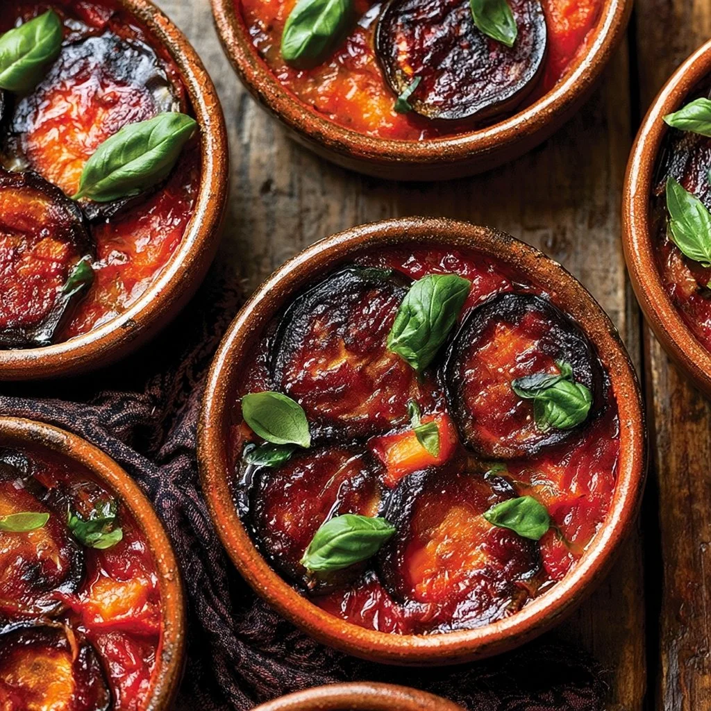 Mini parmigiane di melanzane con salsa di pomodoro e formaggio.