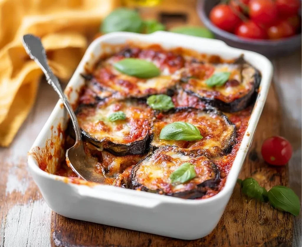 Piatto di Parmigiana di Melanzane con salsa di pomodoro e mozzarella