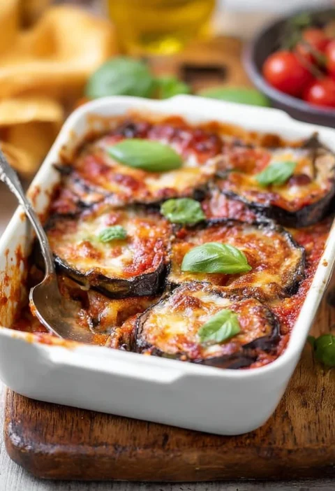 Piatto di Parmigiana di Melanzane con salsa di pomodoro e mozzarella