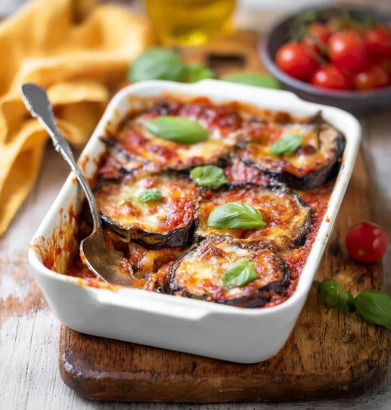 Piatto di Parmigiana di Melanzane con salsa di pomodoro e mozzarella
