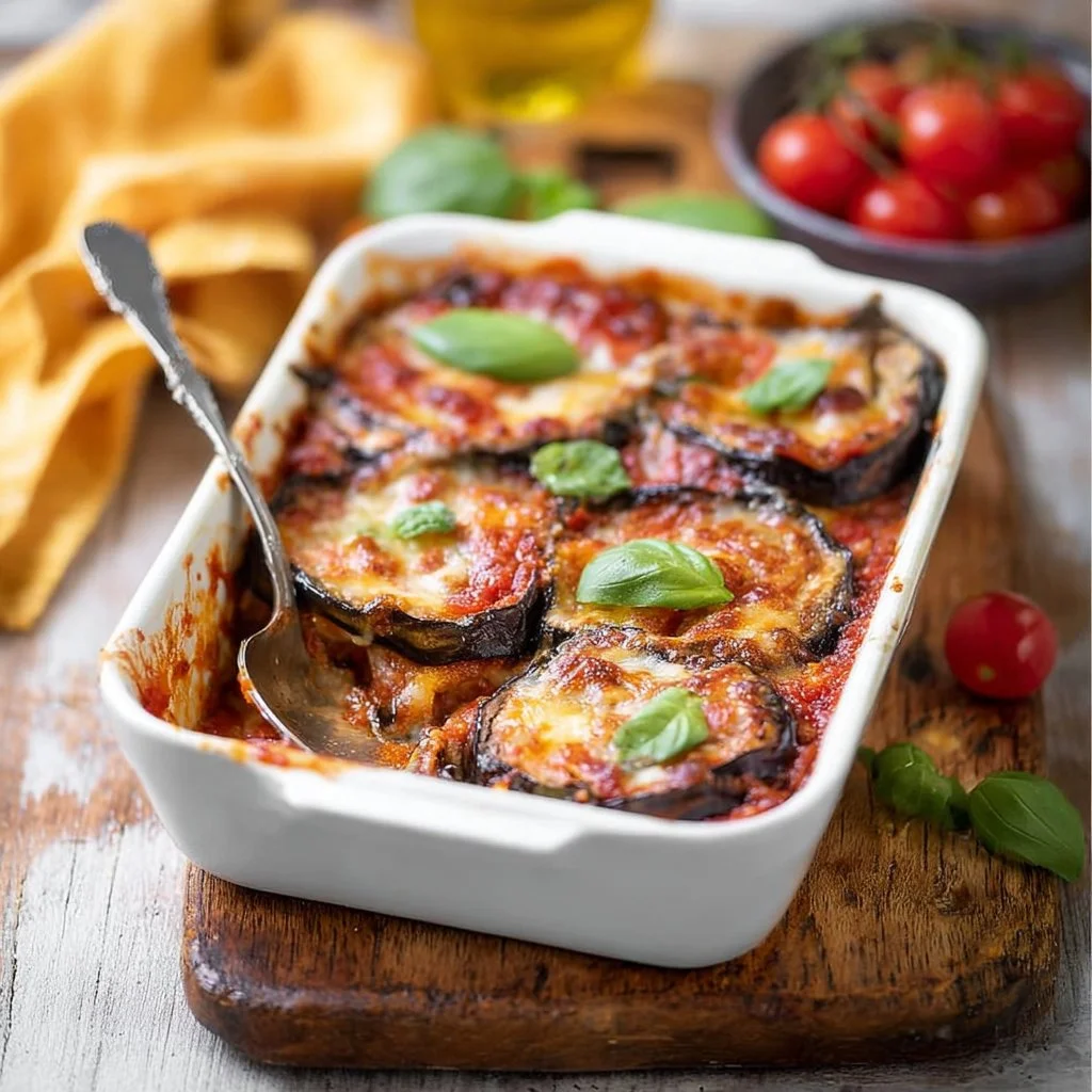 Piatto di Parmigiana di Melanzane con salsa di pomodoro e mozzarella