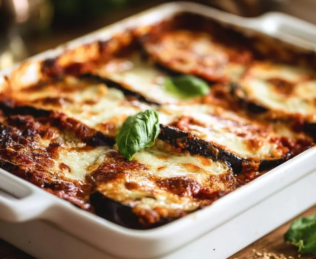 Piatto di parmigiana di melanzane con strati di salsa, mozzarella e melanzane