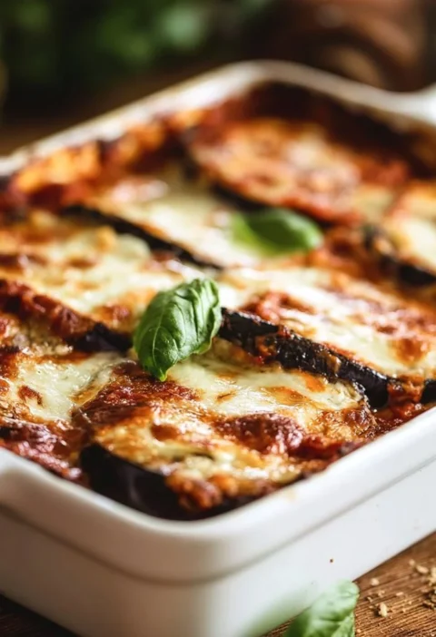 Piatto di parmigiana di melanzane con strati di salsa, mozzarella e melanzane