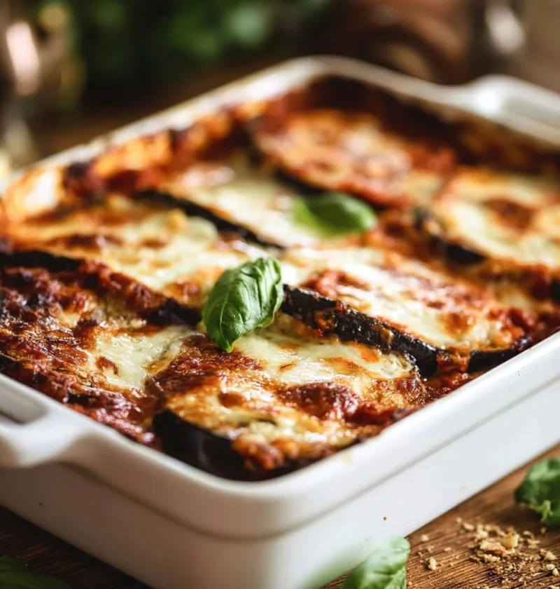 Piatto di parmigiana di melanzane con strati di salsa, mozzarella e melanzane