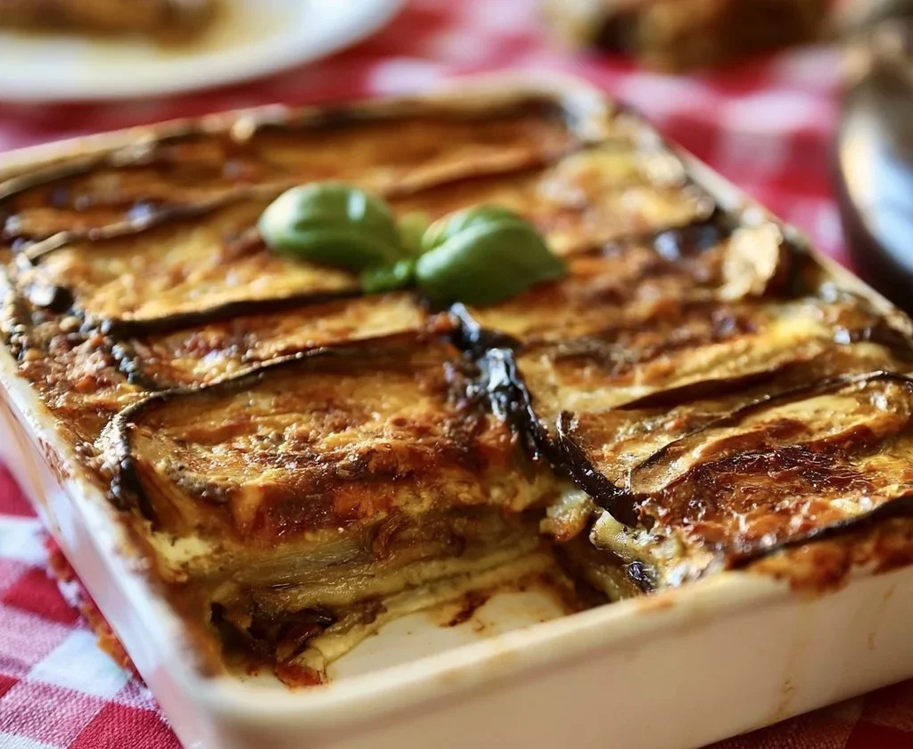 Parmigiana di Melanzane Bianca, un delizioso piatto italiano con melanzane e besciamella.