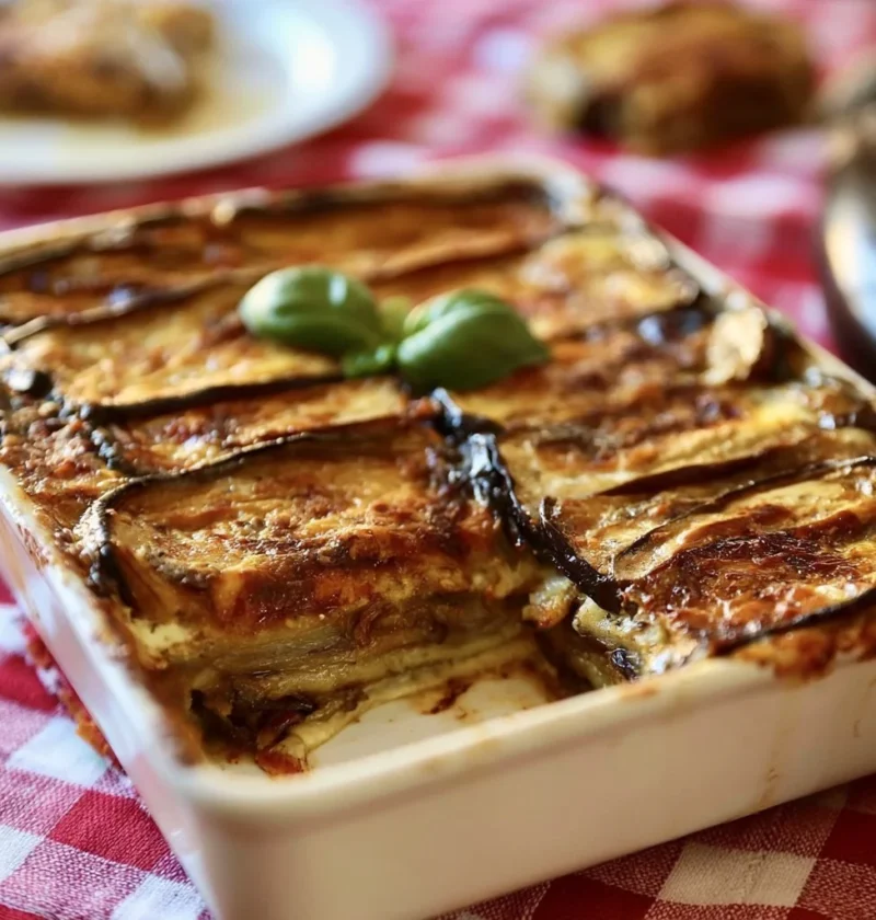 Parmigiana di Melanzane Bianca, un delizioso piatto italiano con melanzane e besciamella.