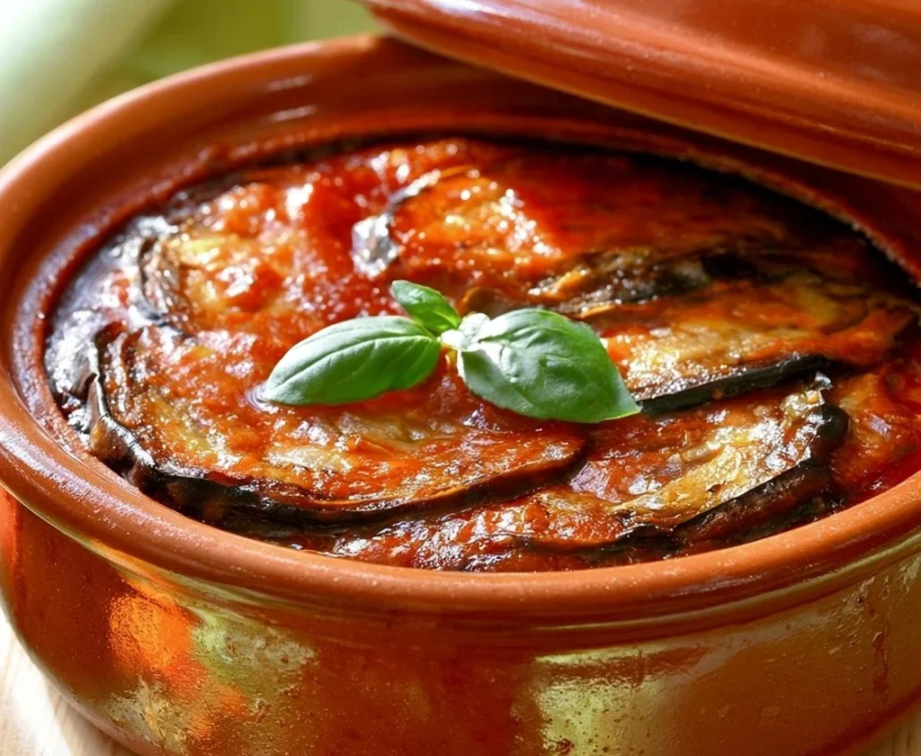 Porzione di Parmigiana di Melanzane Leggera servita su un piatto elegante.