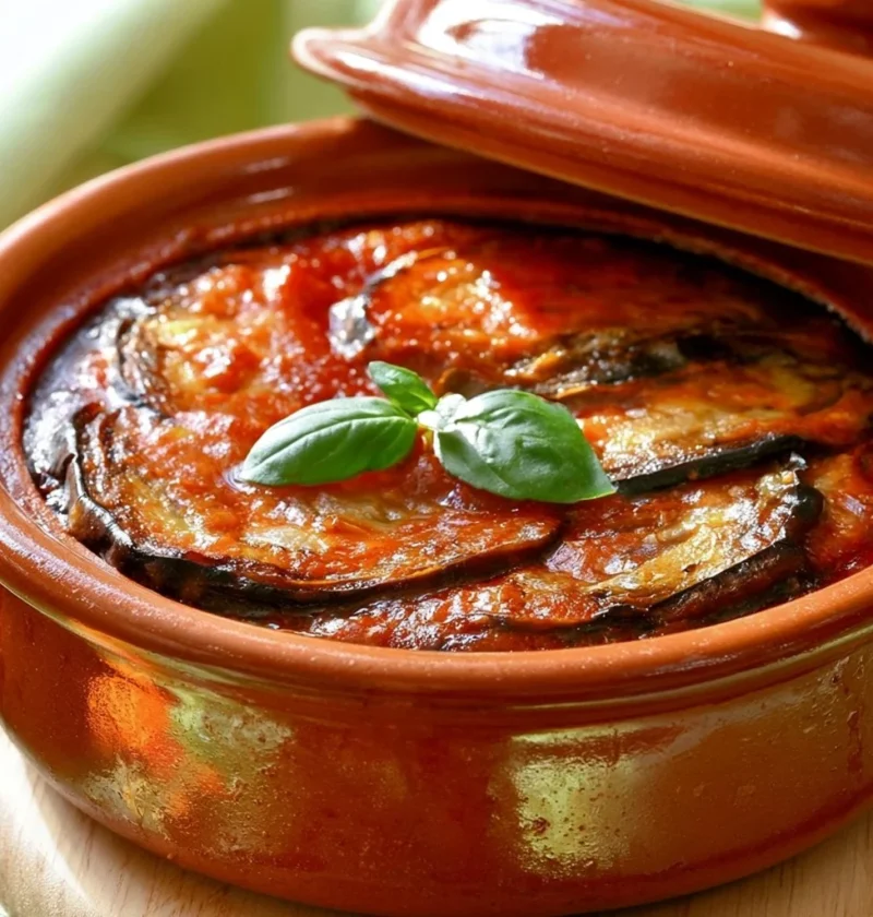 Porzione di Parmigiana di Melanzane Leggera servita su un piatto elegante.
