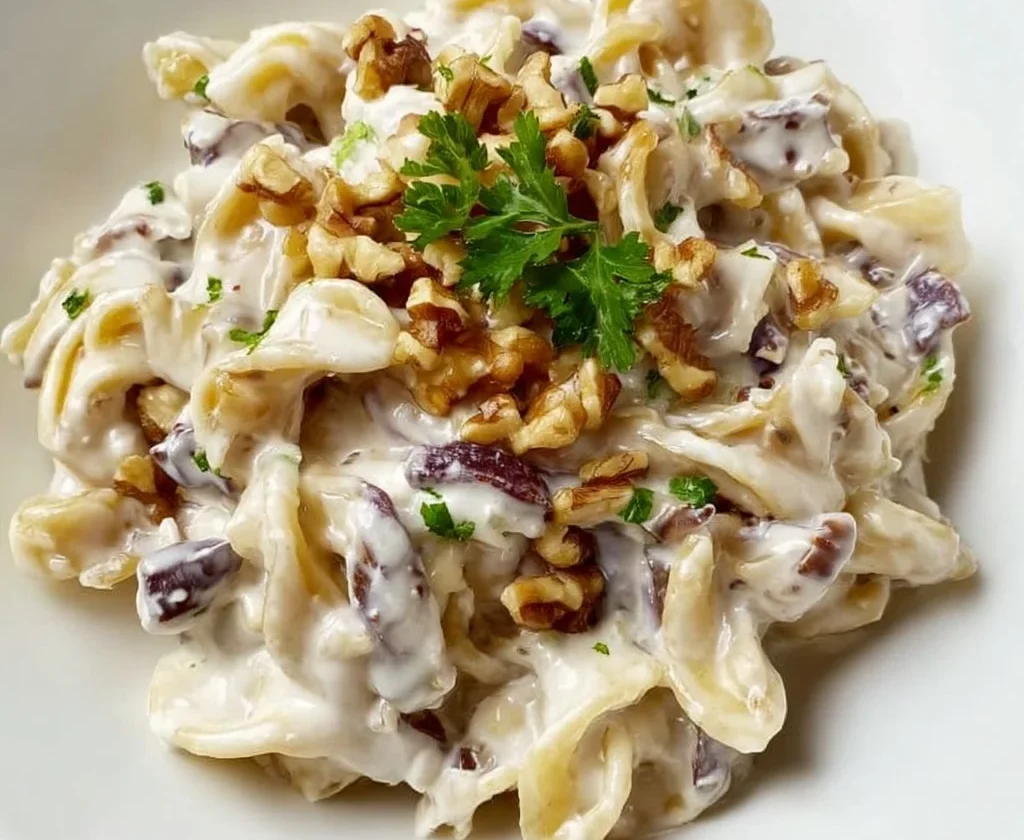 Pasta con radicchio, gorgonzola e noci servita in un piatto gourmet
