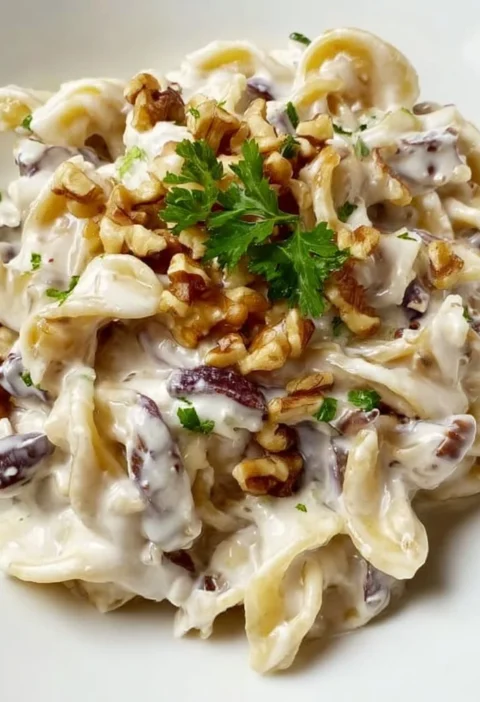 Pasta con radicchio, gorgonzola e noci servita in un piatto gourmet