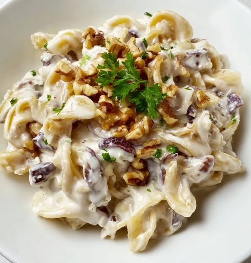 Pasta con radicchio, gorgonzola e noci servita in un piatto gourmet
