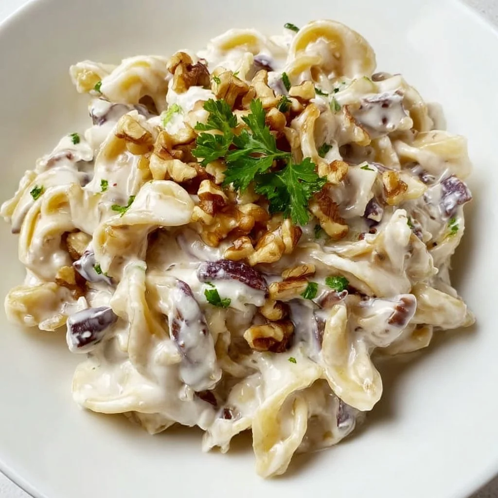 Pasta con radicchio, gorgonzola e noci servita in un piatto gourmet