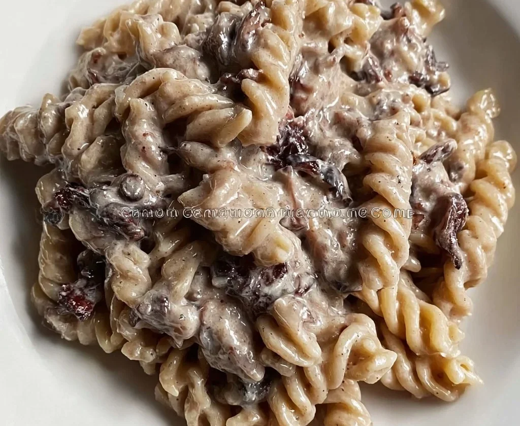 Pasta integrale con crema di radicchio e ricotta servita in un piatto elegante