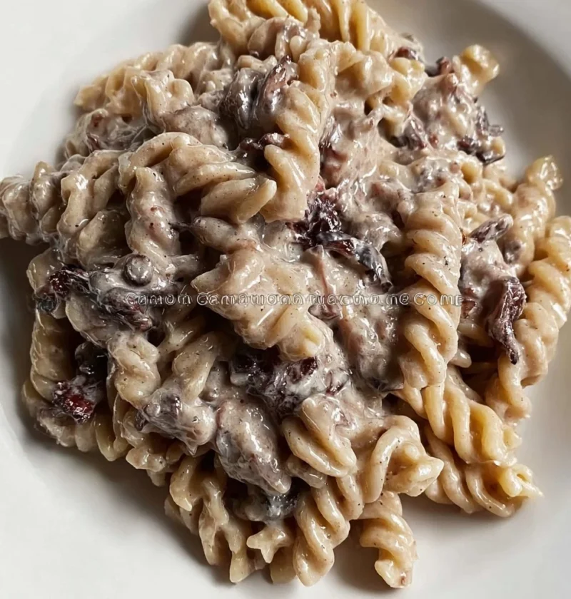Pasta integrale con crema di radicchio e ricotta in un piatto decorato
