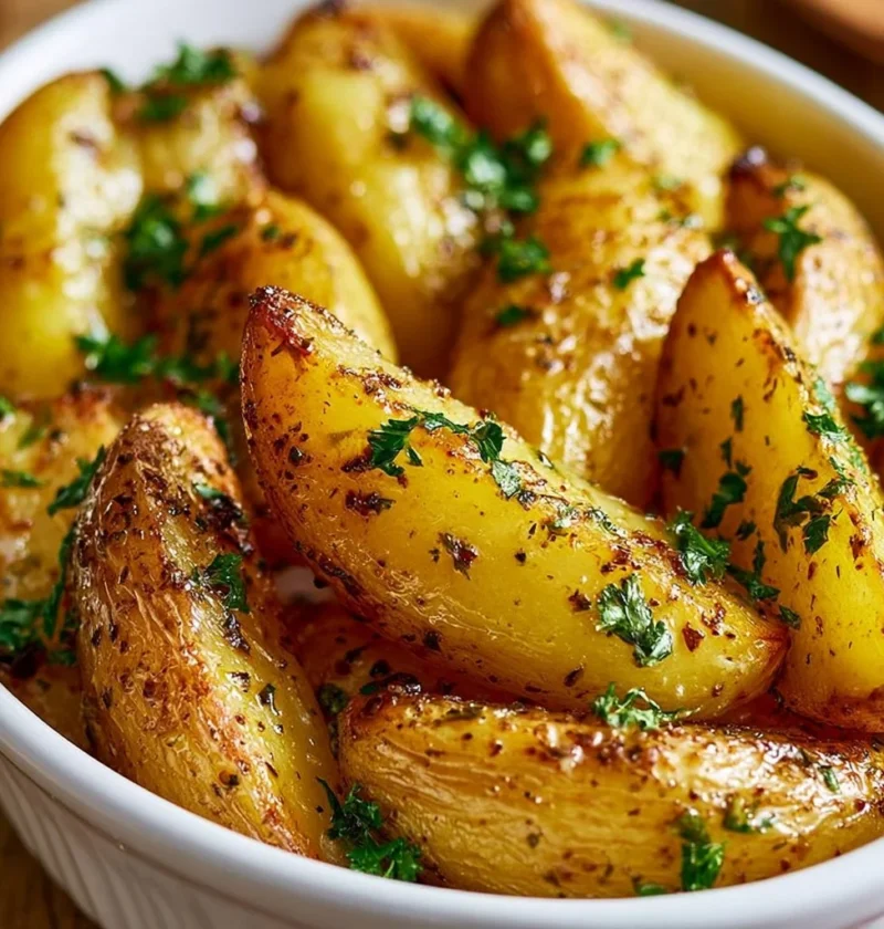 Patate al limone greche servite in un piatto estivo