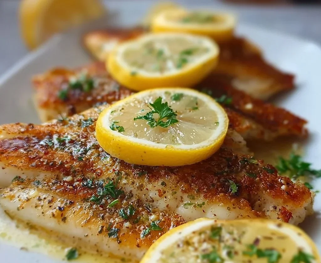 Piatto di Pesce al Burro di Limone appena preparato con limone fresco