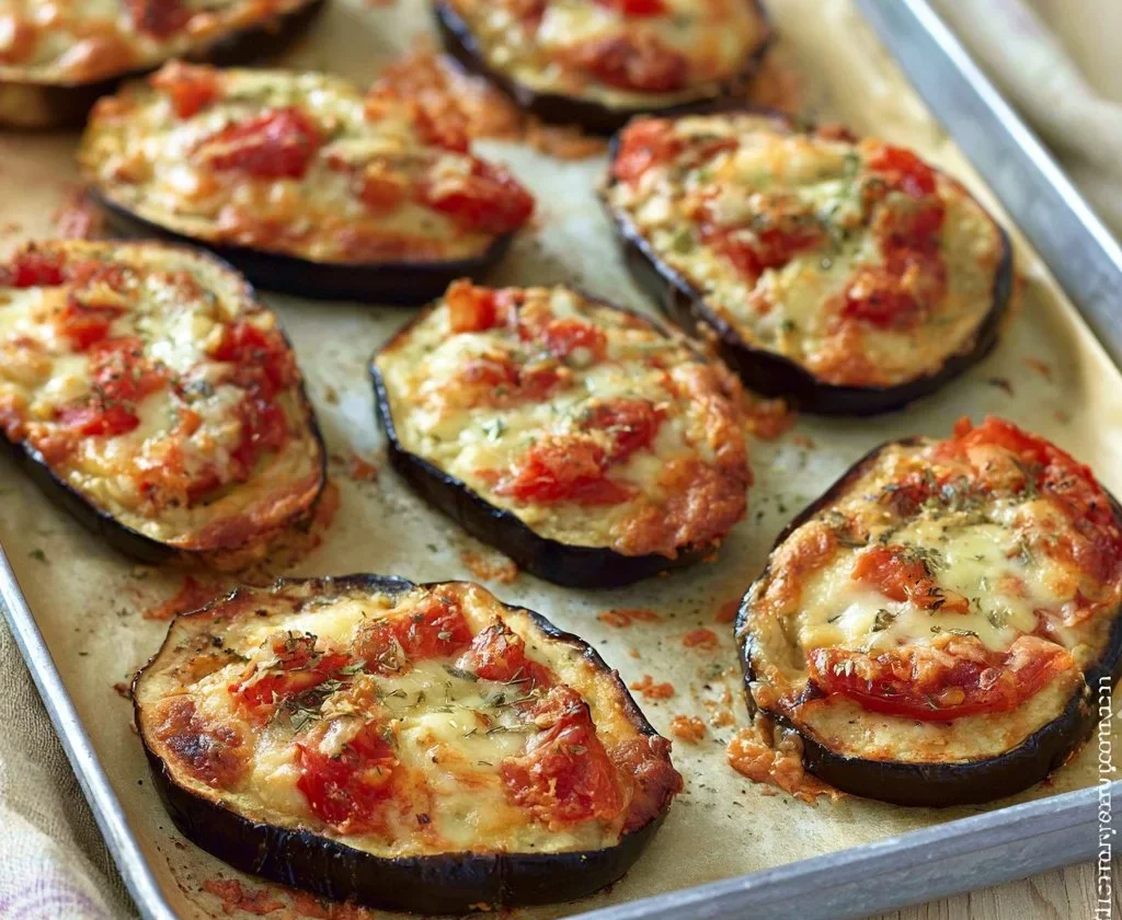 Pizzette di melanzane con pomodorini freschi e mozzarella filante.