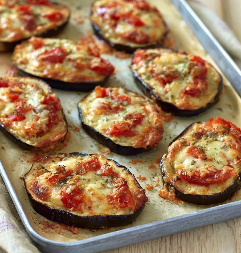 Pizzette di melanzane con pomodorini freschi e mozzarella filante.