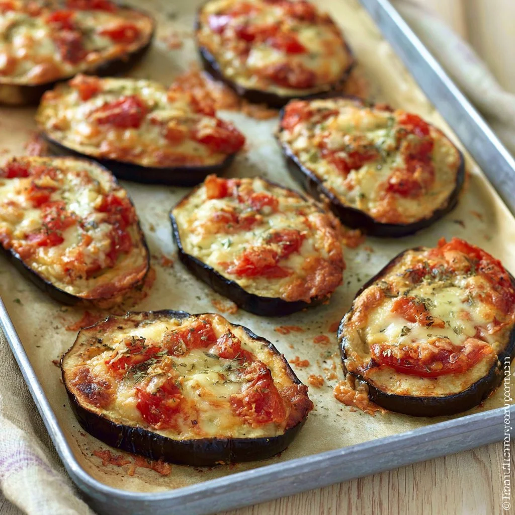Pizzette di melanzane con pomodorini freschi e mozzarella filante.