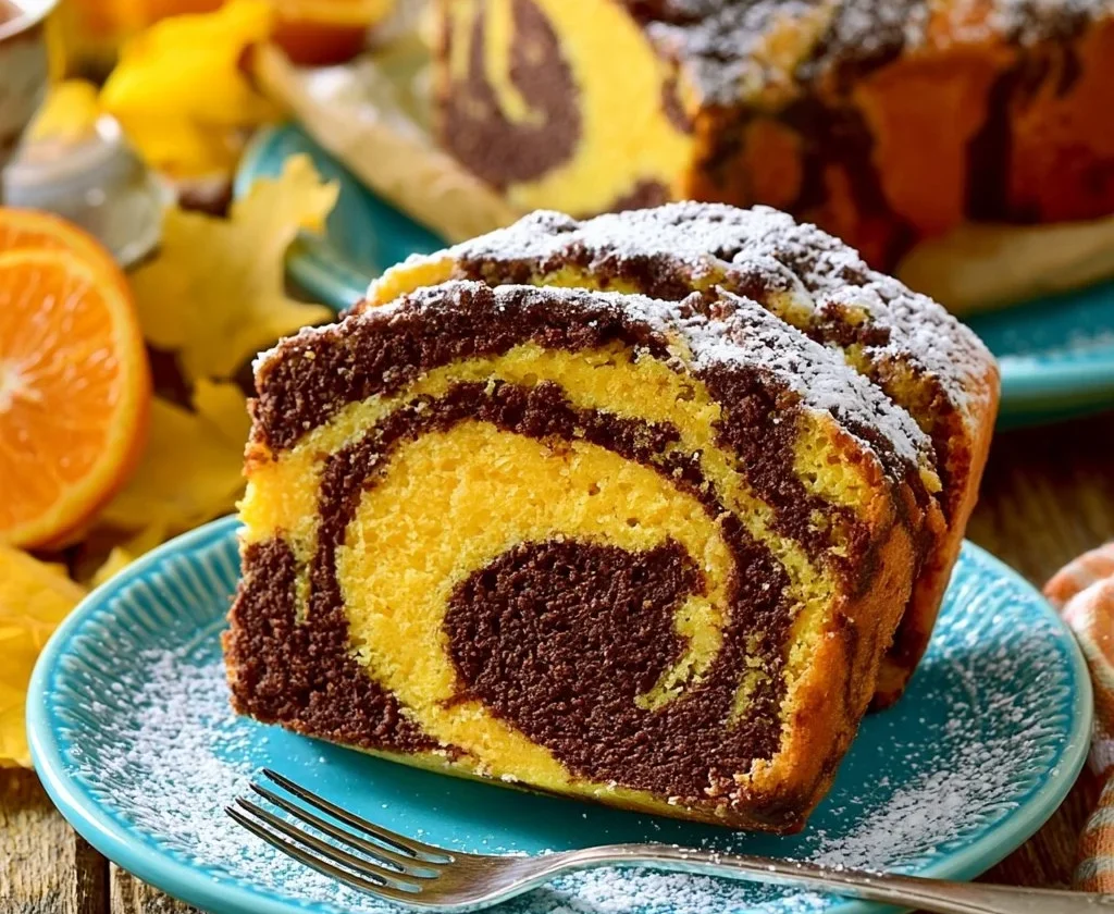 Plumcake variegato all'arancia con fette appetitose e soffici