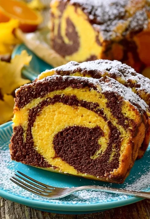 Plumcake variegato all'arancia con fette appetitose e soffici