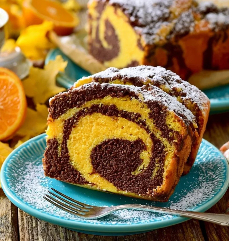 Plumcake variegato all'arancia con fette appetitose e soffici