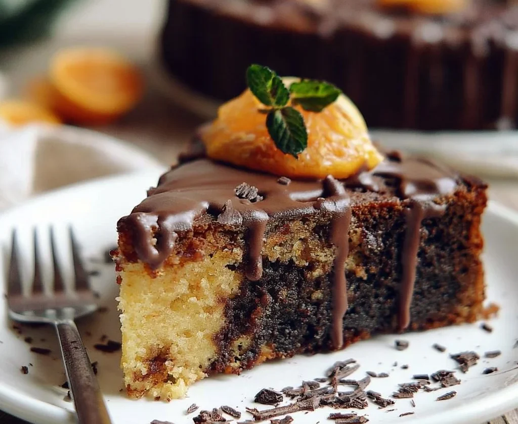 Poke cake al cioccolato e arancia decorato con glasse bavarese.
