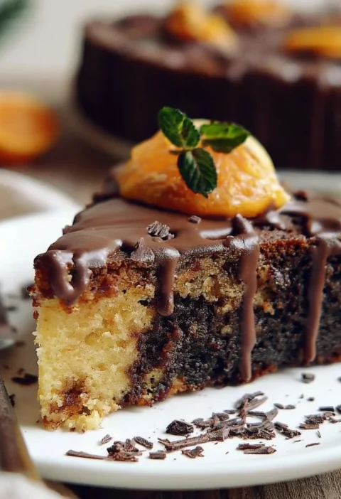 Poke cake al cioccolato e arancia decorato con glasse bavarese.