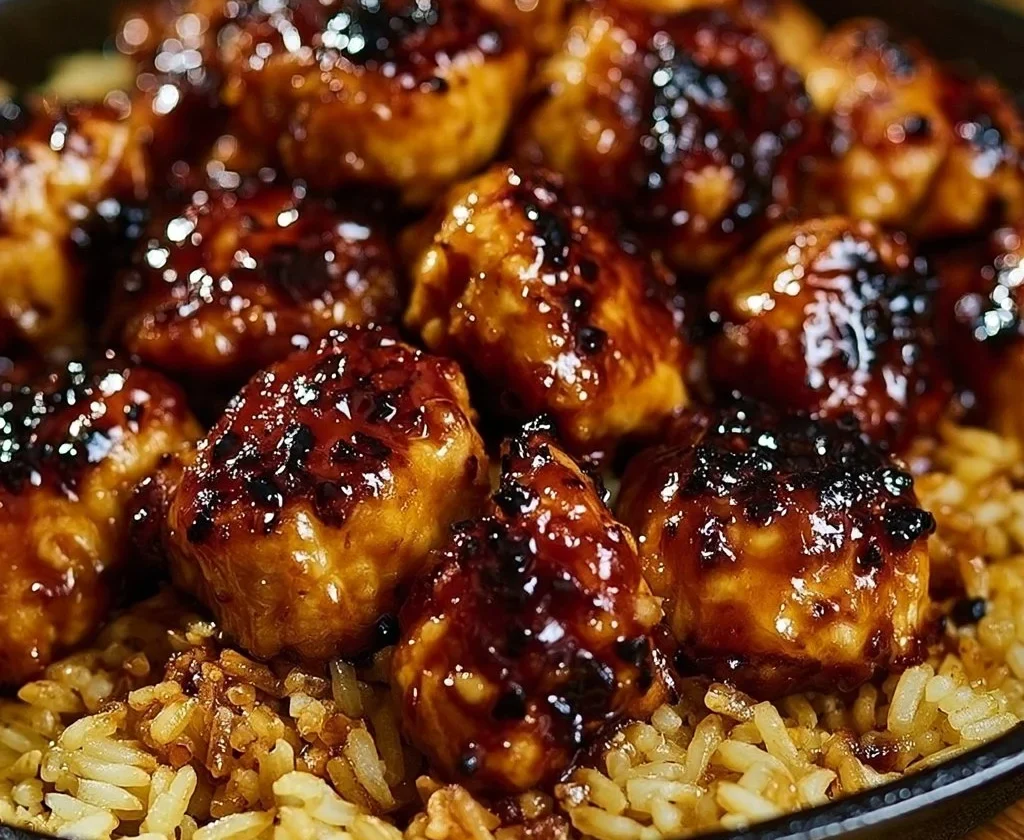 Pollo al BBQ con miele e riso servito su un piatto
