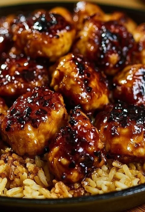 Pollo al BBQ con miele e riso servito su un piatto