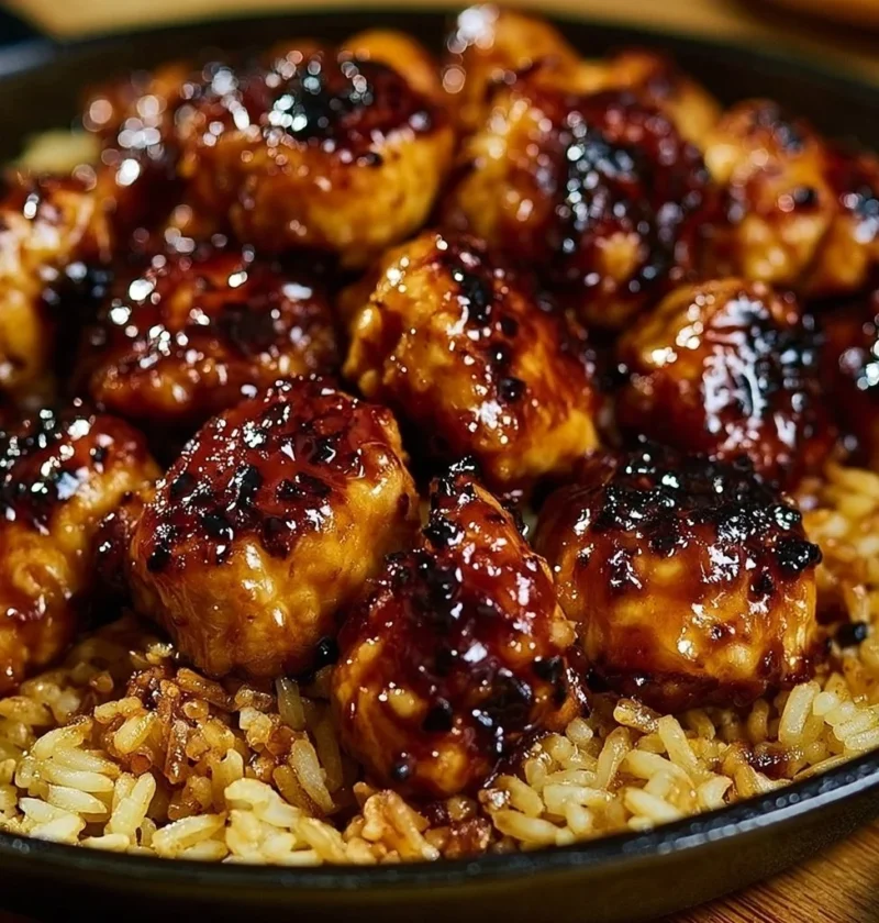 Pollo al BBQ con miele e riso servito su un piatto